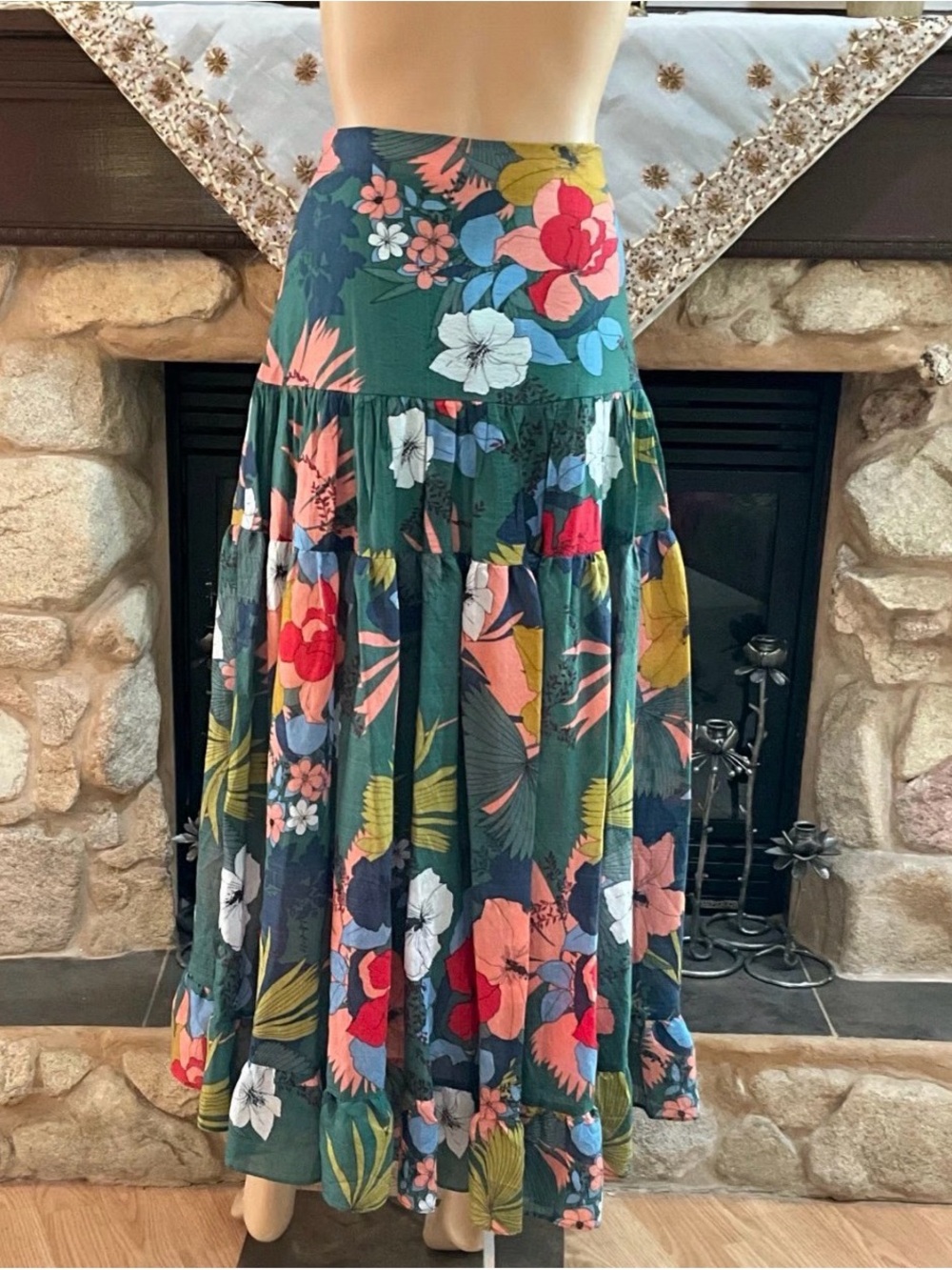 Anthropologie Green and Blue Floral Tiered Midi Skirt